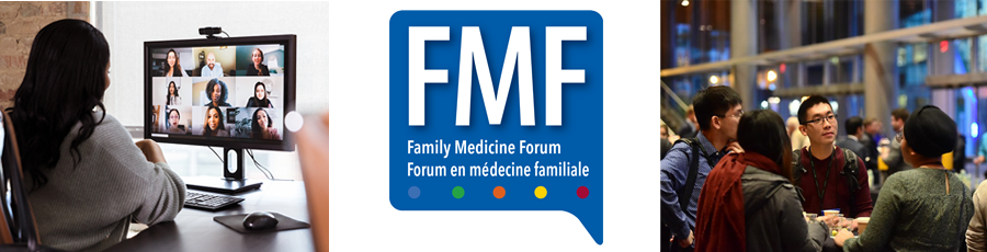 Images of a girl on video conference and a group of people. There is logo of FMF in between these two images.