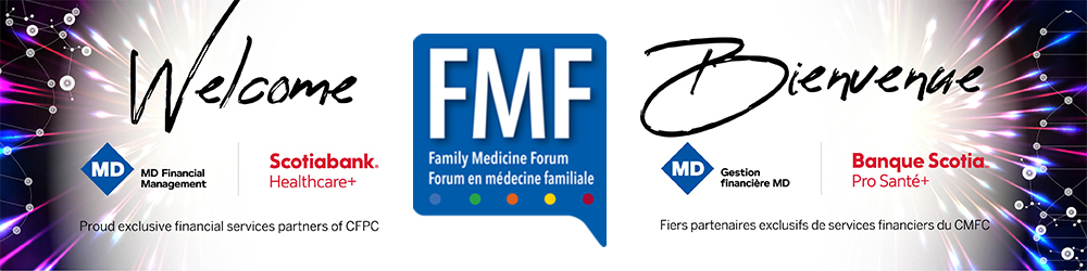A graphic saying 'Welcome' containing logos for Family Medicine Forum Virtual, MD Financial Management and Scotiabank Healthcare+
